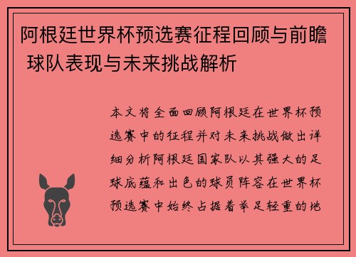 阿根廷世界杯预选赛征程回顾与前瞻 球队表现与未来挑战解析